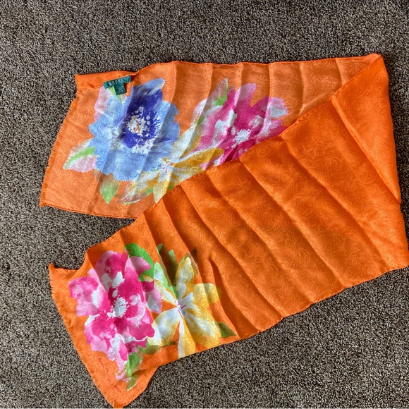 Polo Ralph Lauren 100% Silk Scarf Orange with Floral Design - Picture 2 of 4